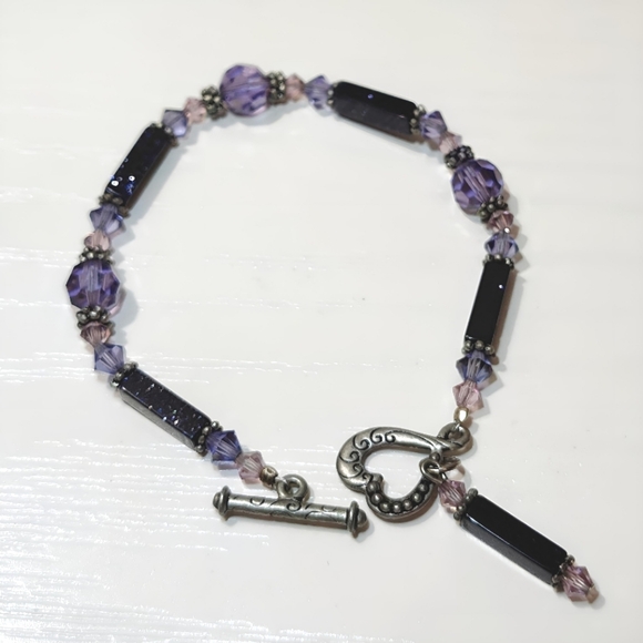 Silver tone Purple Goldstone Faceted Crystal Bead Bracelet Handmade Y2K Vintage - Picture 4 of 12